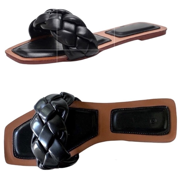 ZBY Black Faux Leather Square Open Toe Braided Flat Slide Sandals 6.5 NI…Goth - Picture 12 of 12